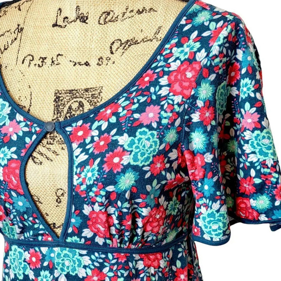 FREE PEOPLE Women's Cutout Keyhole Knit Floral Mini Dress Size Small Teal - Picture 4 of 13
